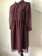 Uniqlo Dress Burgundy Dotted Floral Pleated Bust High Neck Dolly Collar Size L