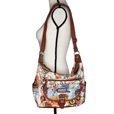 boc Shoulder Handbag Beige Brown Floral Pockets Top Zip Adjustable Strap