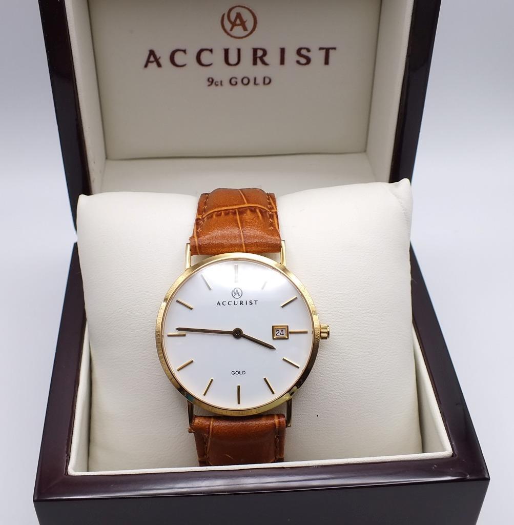 Leather Strap Accurist 9ct Gold Watch Mens GENTS ACCURIST 9ct