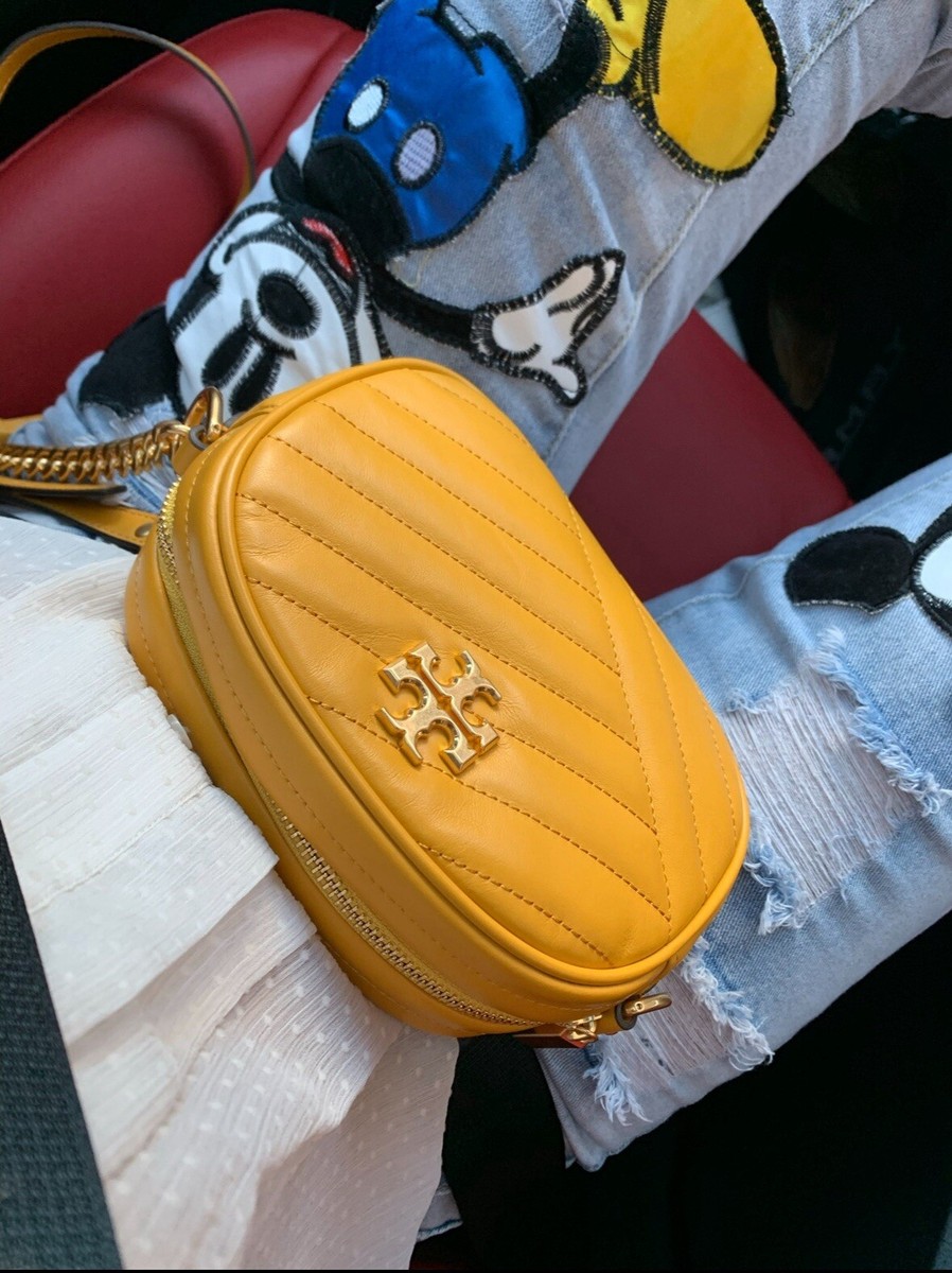 Tory Burch Kira Chevron Yellow Quilted Leather Chain Strap Camera