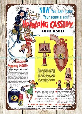 bedroom interior Aladdin Hopalong Cassidy Bunk House 1951 metal tin sign