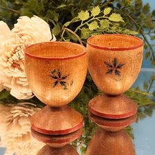 Vintage Wood Egg Cups Hand Turned Transfer Wear Art Set of 2