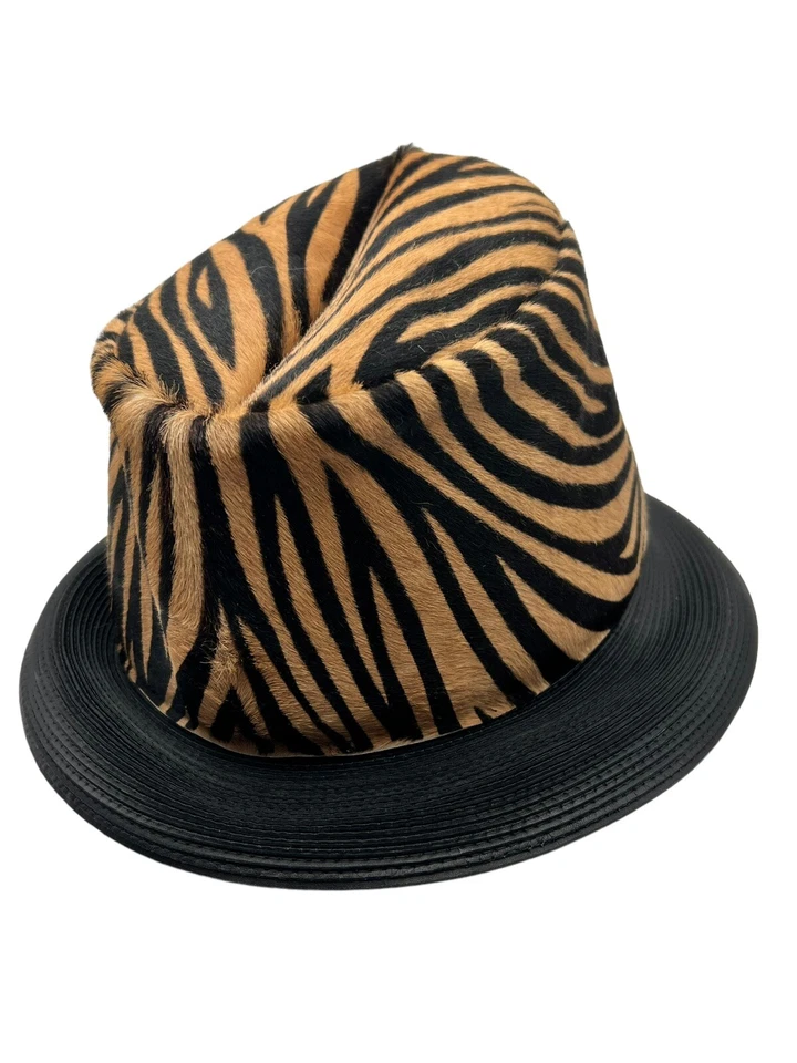 PATRICIA UNDERWOOD MARRÓN CEBRA RAYAS PONY PELO DE BECERRO SOMBRERO FEDORA ALA DE CUERO Foto 3 de 4