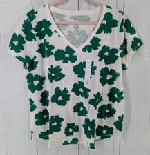 Sonoma Size XL The Everyday Tee White Green Floral V Neck Short Sleeve Top NWT