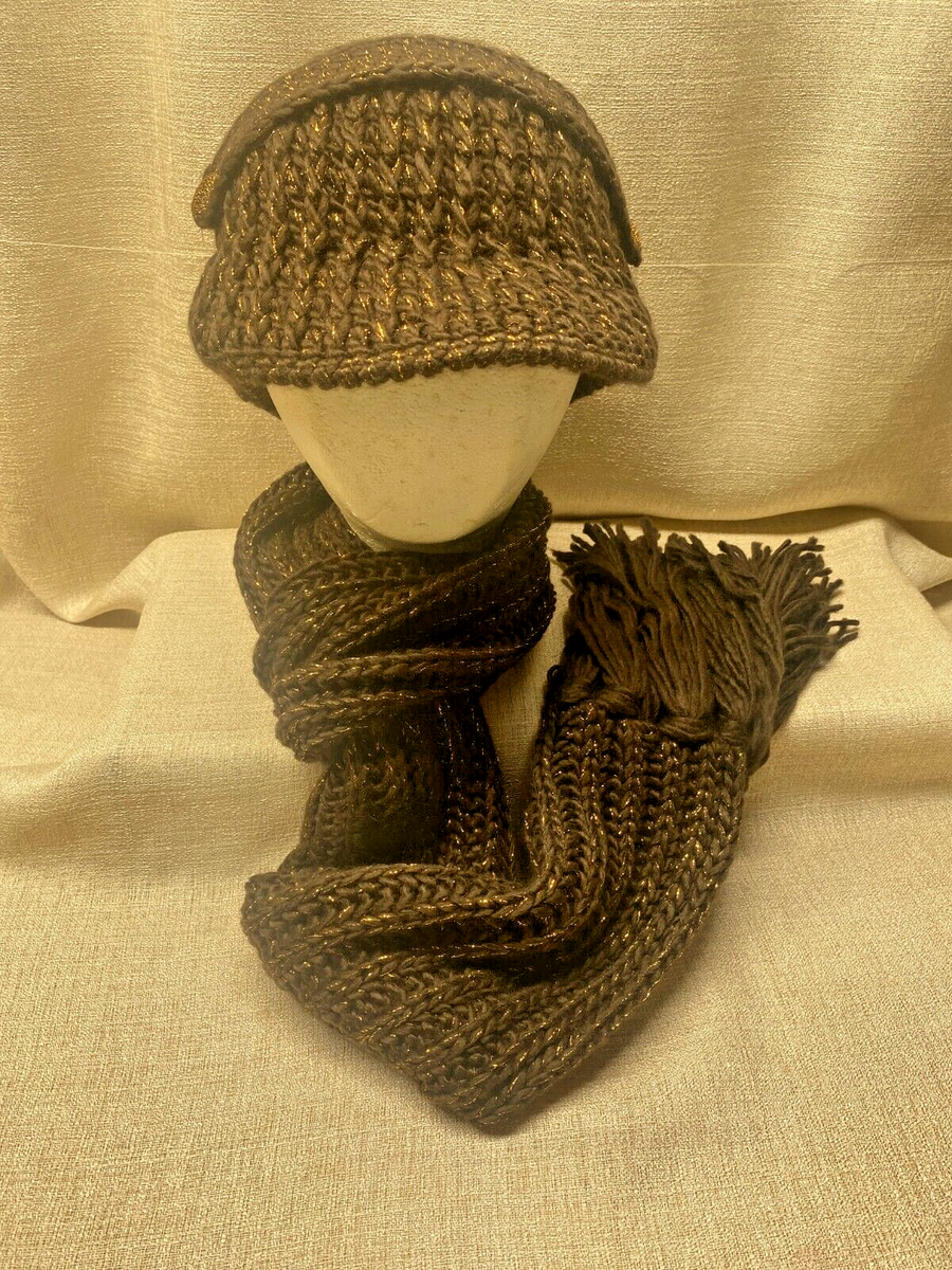 Avon Chocolate Cable Hat & Scarf Set Cadet Hat w/Covered Buttons