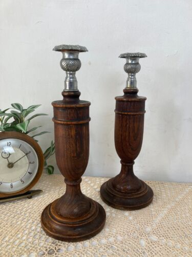 Vintage Oak Candle Holders Arts & Crafts Style Hand Turned Statement Farmhouse - Picture 7 of 8