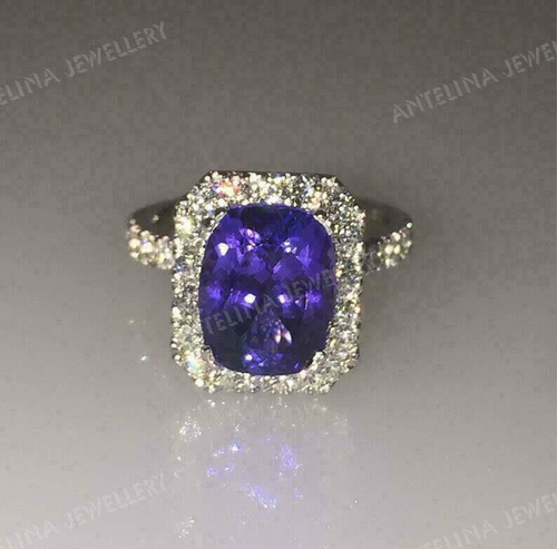 4 Ct Cushion Cut Blue Tanzanite Halo Engagement Ring Solid 14K White Gold Finish - Picture 5 of 11
