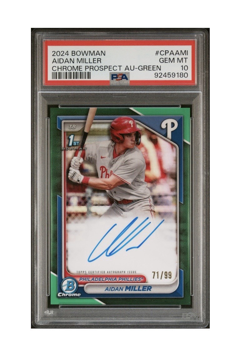 2024 Bowman Chrome 1st Prospect True Green /99  Auto Aidan Miller PSA 10