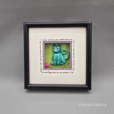 Vintage Bright Star Designs Green Kitty Cat Shadow Box, Framed, Wall Art Hanging