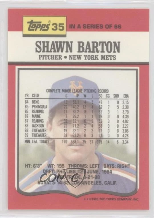 1990 Topps TV Team Sets New York Mets Shawn Barton #35 - Image 2 of 2