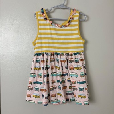 Matilda Jane Camper Van Dress Kids Size 8 Pink Yellow Striped Ruffle Twirl