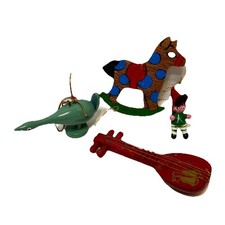 Vintage Lot of 4 Wooden Mini Christmas Tree Ornaments Fiddle Goose Elf Horse