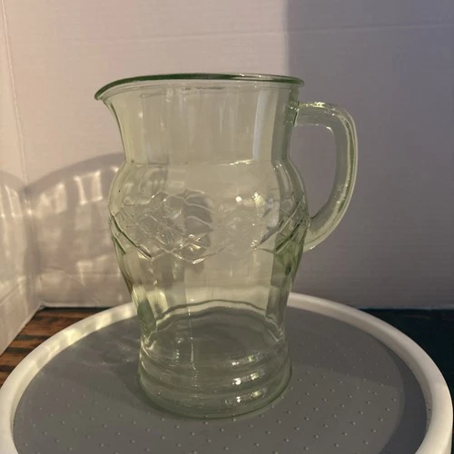 Vintage Anchor Hocking Vaseline Uranium Glass Pitcher 8” high. Glows!