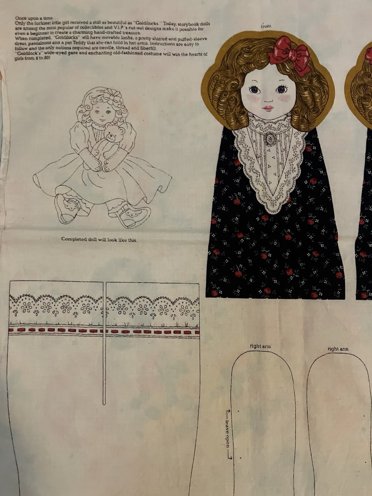 VTG Cranston GoldiLocks Story Time Doll with Teddy Bear Adorable Cut N Sew Doll