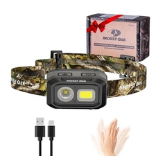 Mossy Oak 600 Lumens LED Headlamp Motion Sensor Dual Power Source Head Light USA