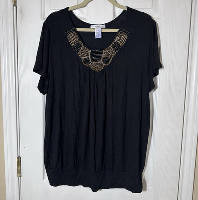moa moa woman Black Beaded Scoop Neck Short Sleeve Blouse 2X Tribal Festive