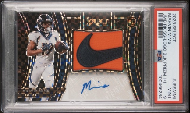 Marvin Mims 1/1  Auto 2023 Select ROOKIE NFL NIKE SWOOSH BLACK PRIZM PSA