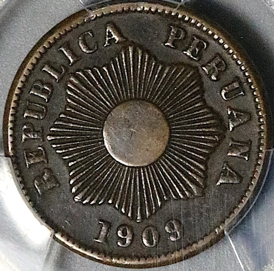 1909-R PCGS AU 50 Peru Un 1 Centavo Radiant Sun Key Date Coin POP 1/0 (25080601C - Image 2 of 4