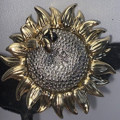 VTG Liz  Claiborne Signed, Silver & Gold Tone, Sunflower Bumble Bee Pin Brooch.