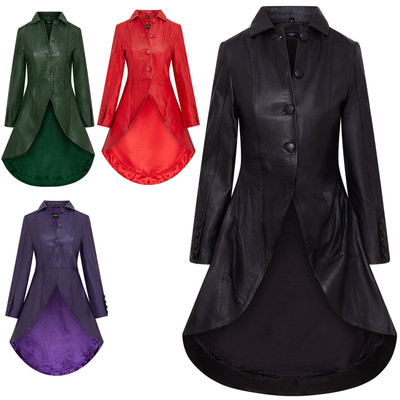 Womens Gothic Full Length Leather Coat Victorian Flare Goth Punk