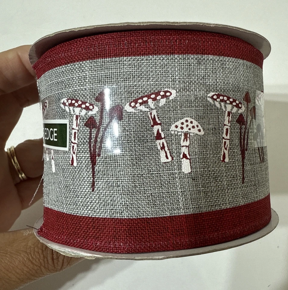 Joann Fabric Wire Edge 2.5” x 8.3 Yd Mushroom Red Grey Painted Folk Art Hippie - Image 4 of 4