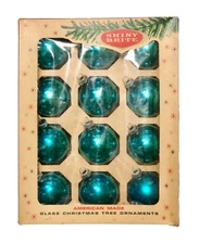 VTG Set/12 TEAL Shiny Brite Glass Christmas Ornaments Original Box USA MCM
