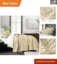 Luxurious King Size Velvet Quilt Set - Beige Geometric Comfort for All Seasons
