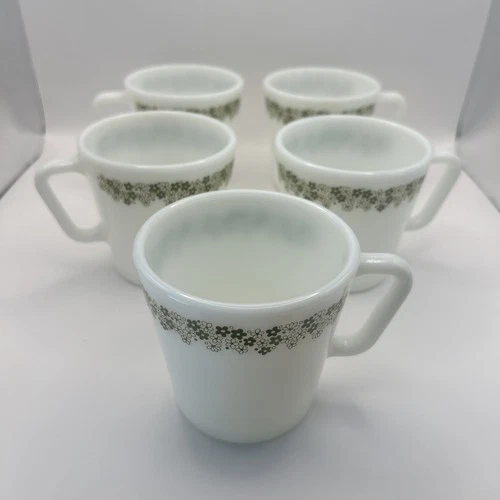 Vintage Pyrex Crazy Daisy Spring Blossom Coffee Mugs Set of 5 Green 10 oz. White