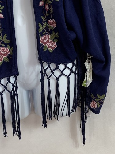 NWT Papya Sz L Open Front Navy Blue Floral Embroidered Front Fringe Hem Cardigan - Picture 9 of 12