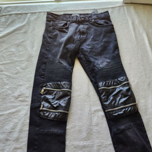 Zara Mans Jeans Mens 30x31 Black Denim Stretch Skinny Moto Zippers Modern - Picture 2 of 17
