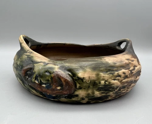 Vtg 1920s Roseville Pottery Imperial Green Textured Low Round CONSOLE BOWL Vase