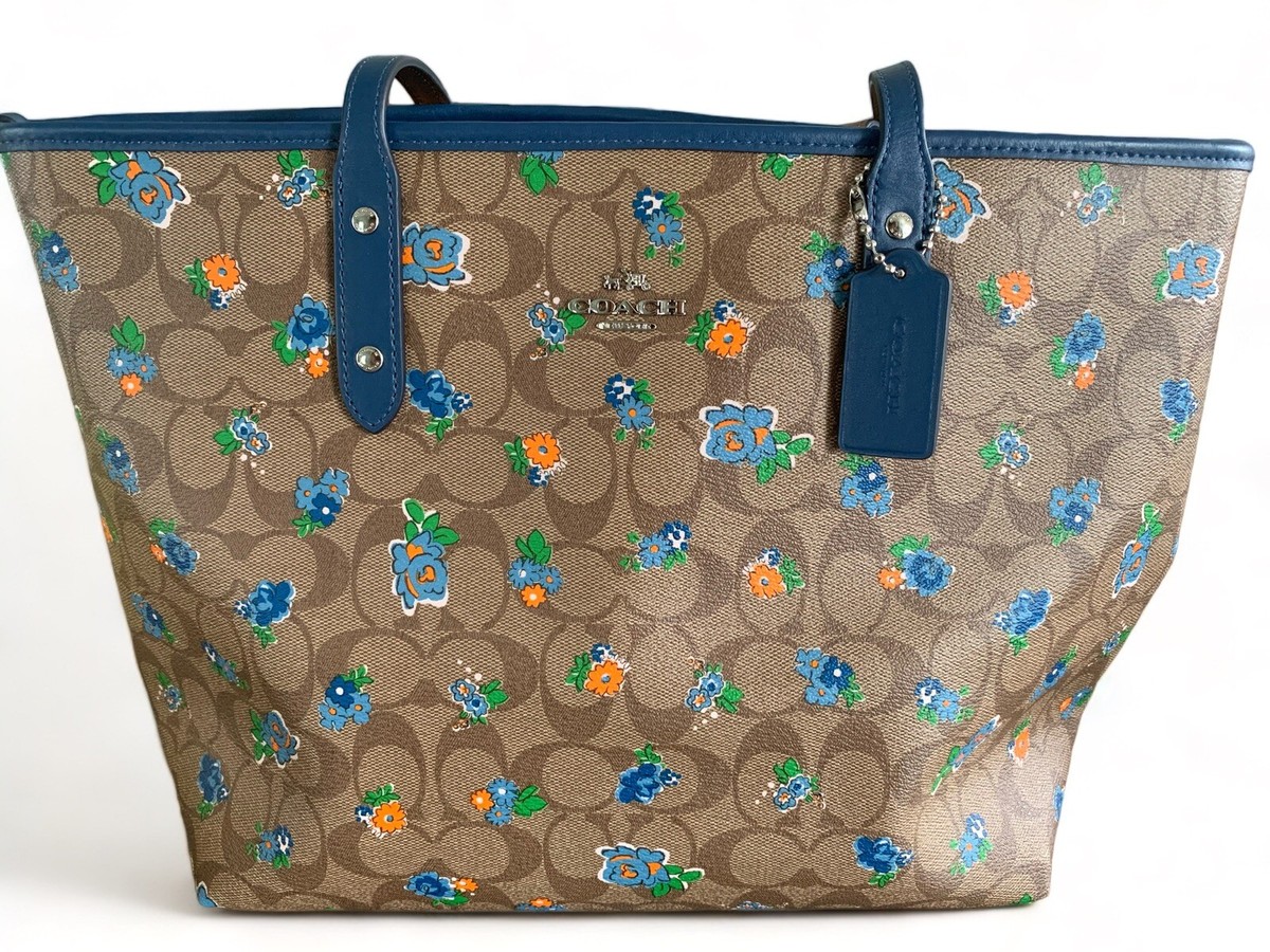 New Coach City Tote With Floral Blue And Orange Print Zipper