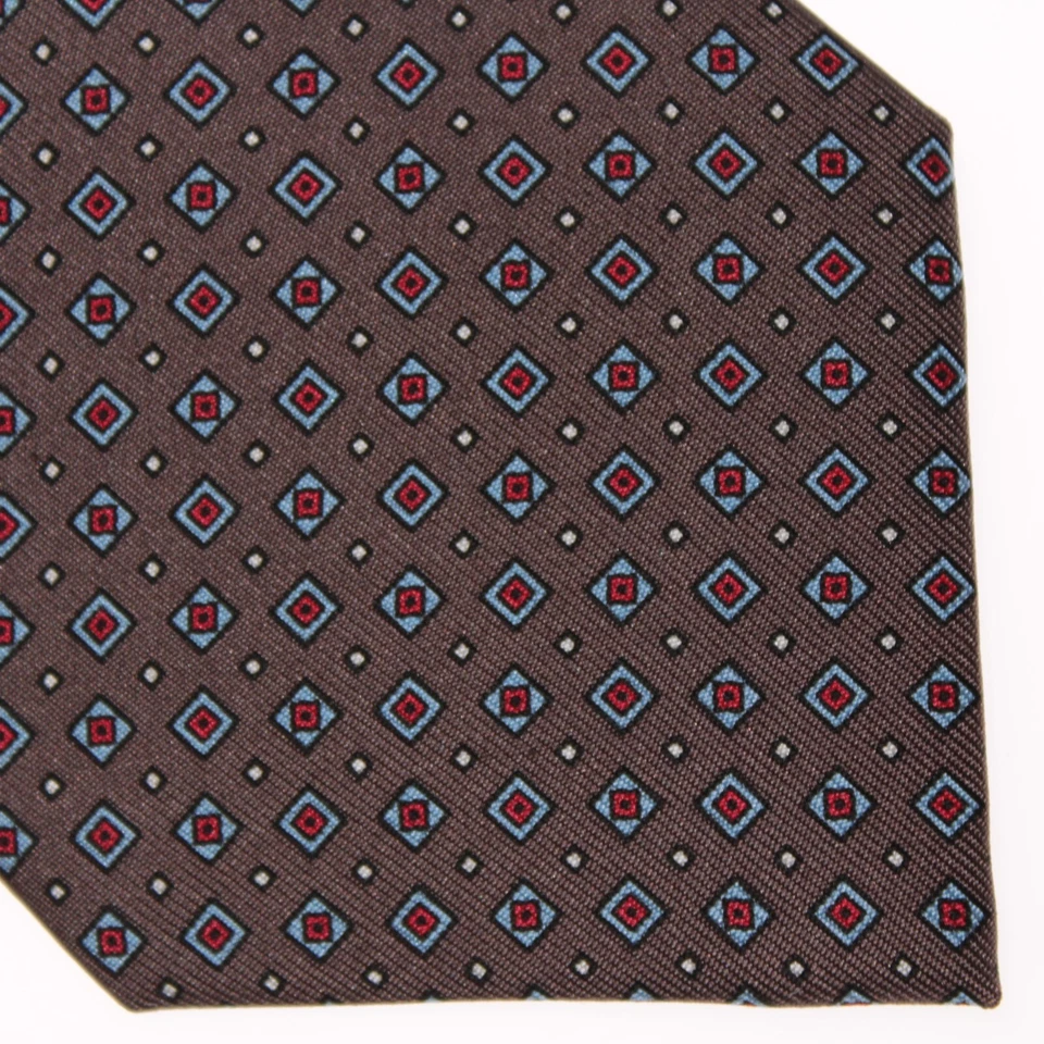 Drake's новый с Ярлыками галстук в коричневый с синий/красный/белый геометрический узор 100% шелк - Изображение 2 из 4