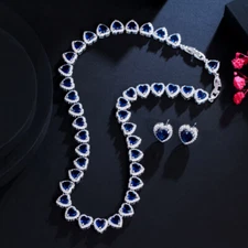 Cubic Zirconia Heart Earrings Wedding Necklace Set Silver Plated CZ Blue Jewelry