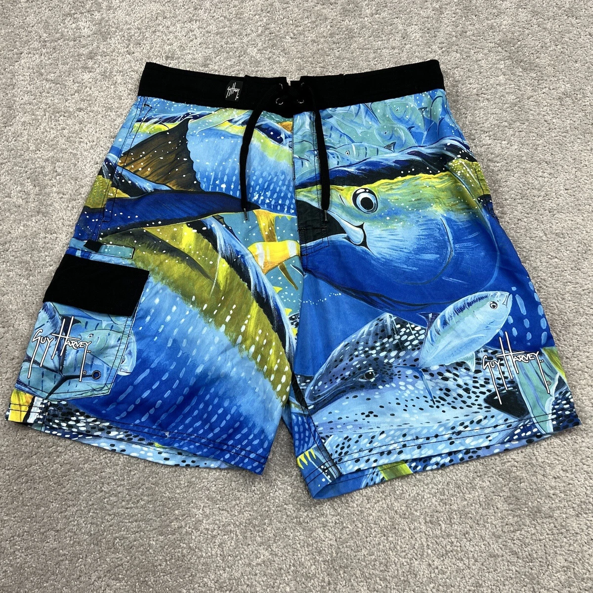 GUY HARVEY Board Shorts Mens 30 Blue Swim Trunks Sailing Fishing All Over  Print