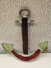 Vtg Handmade Stained Glass Sun Catcher 7.5" Red Green Nautical Anchor Soldered