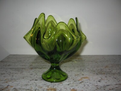 Viking Green Pedestal Compote Wavy Edge 6 3/4'' Diameter VGC 