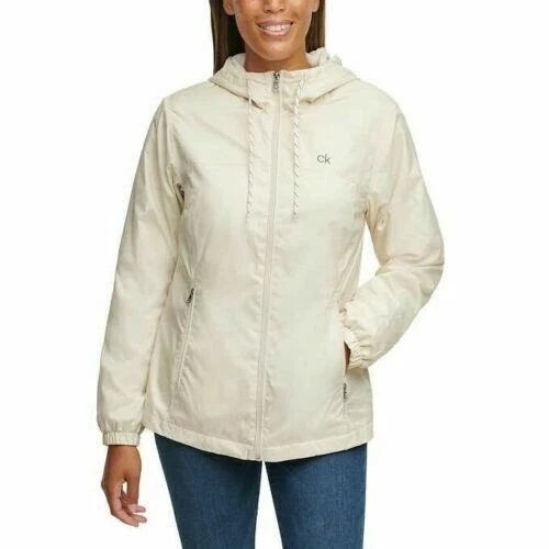 New Calvin Klein Women's Fleece Lined Windbreaker Jacket Chalk