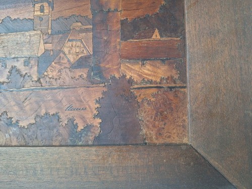Tableau EN marqueterie sur bois paysage village. Broche signée Clauss - Photo 8 sur 10