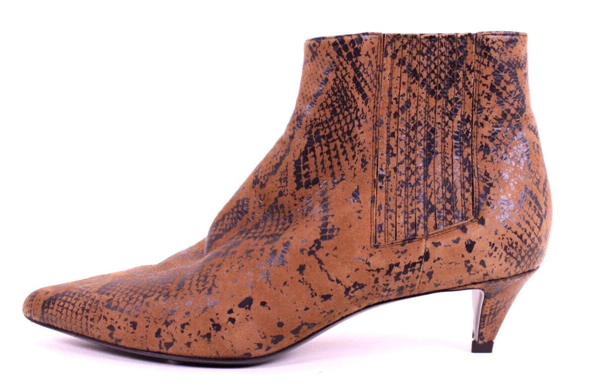 CELINE Hedi Slimane Brown Snake Print Suede Pointed Toe Ankle Boots 38.5