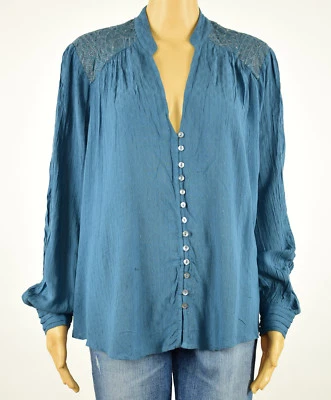 Free People Femmes Bleu Brodé Manches Longues Haute/Basse Chemisier M - Photo 1/4