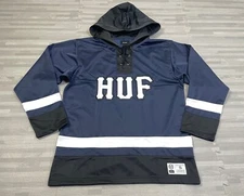 HUF Skateboarding Long Sleeve Hockey Hooded Jersey Mens Small Stitched Navy $100