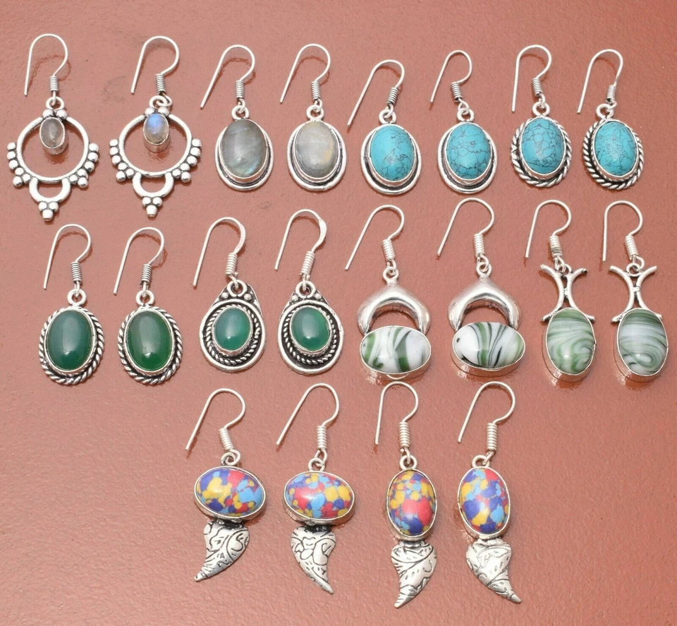 Lote de pendientes de lujo al por mayor enchapados en plata de ley 925 turquesa y mezcla de piedras preciosas Foto 2 de 3