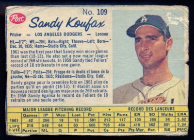 1962 POST CANADIAN BASEBALL #109 Sandy Koufax HOF LG-VG LOS ANGELES DODGERS Card