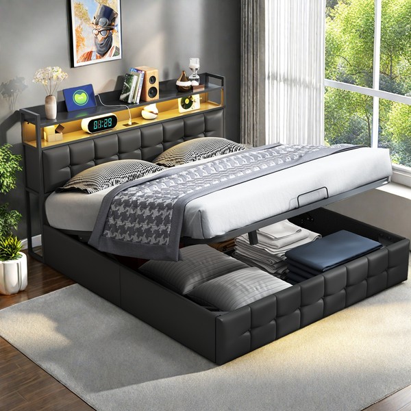 Polsterbett Doppelbett:140X200Cm Hydraulisch Stauraumbett Bettrahmen Mit Led Usb-image