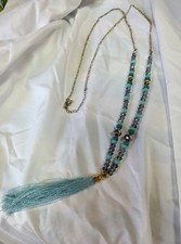 Gold Tone Chain Necklace Blue Round Beads Tas...