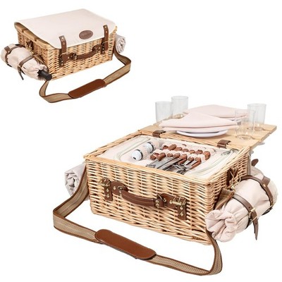 Multifunctional Wicker Picnic Basket Set for 4 Blanket Family Folding Wine Ta...