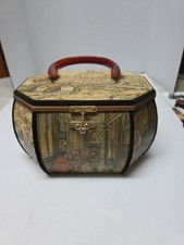 Vintage Anton Pieck Wooden Decoupage Octagon Box Purse w/ Lucite Handle 9.5" 6"