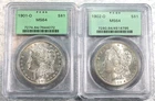 Pair of 1901 O & 1902 O Morgan Silver Dollars - PCGS MS64 Green Label Holders