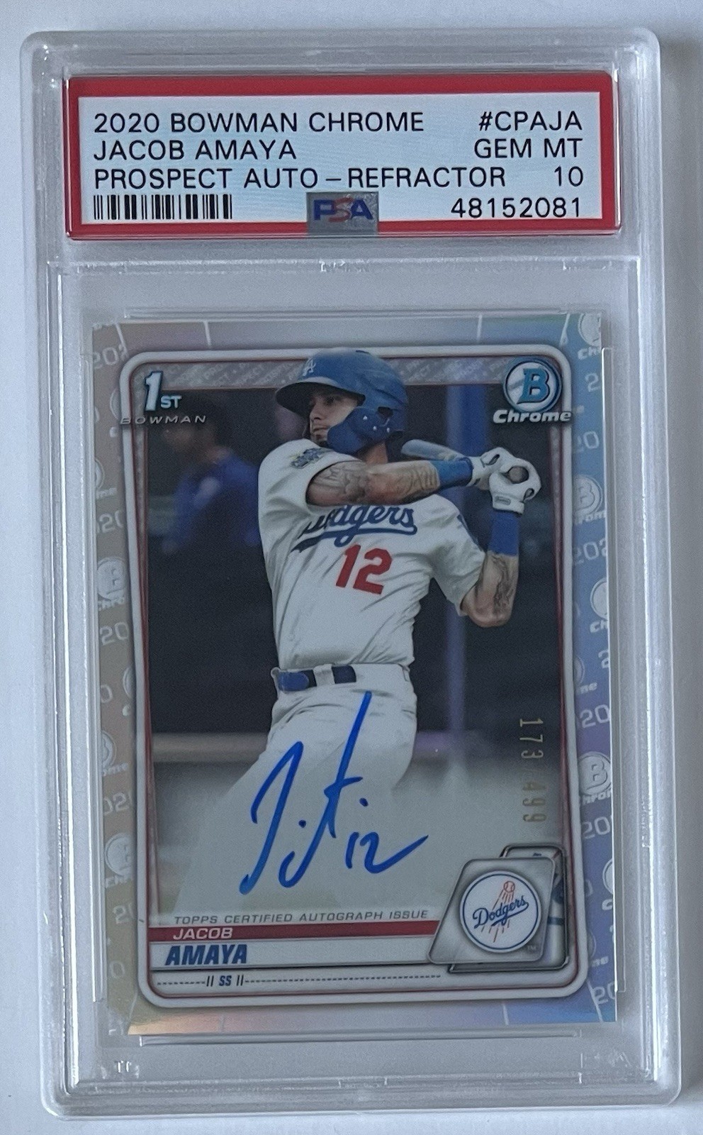 Dodgers Jacob Amaya 2020 Bowman Chrome REFRACTOR /499 Auto Autograph - PSA 10